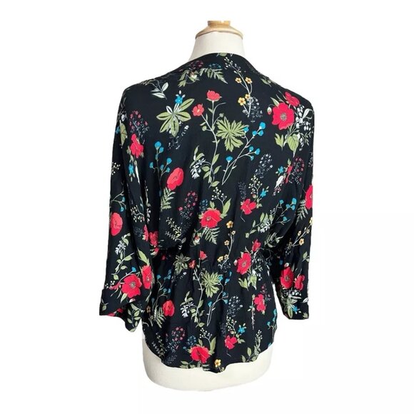 Floral Kimono Top XS Black Red Cinched Tie Front Express Wide Sleeve Rayon - Picture 5 of 8